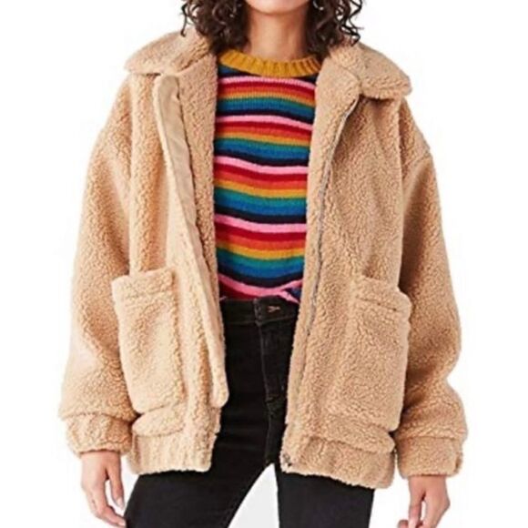 Elodie Cream Faux Sherpa Teddy  Zip Up Coat Size Medium - Picture 1 of 9